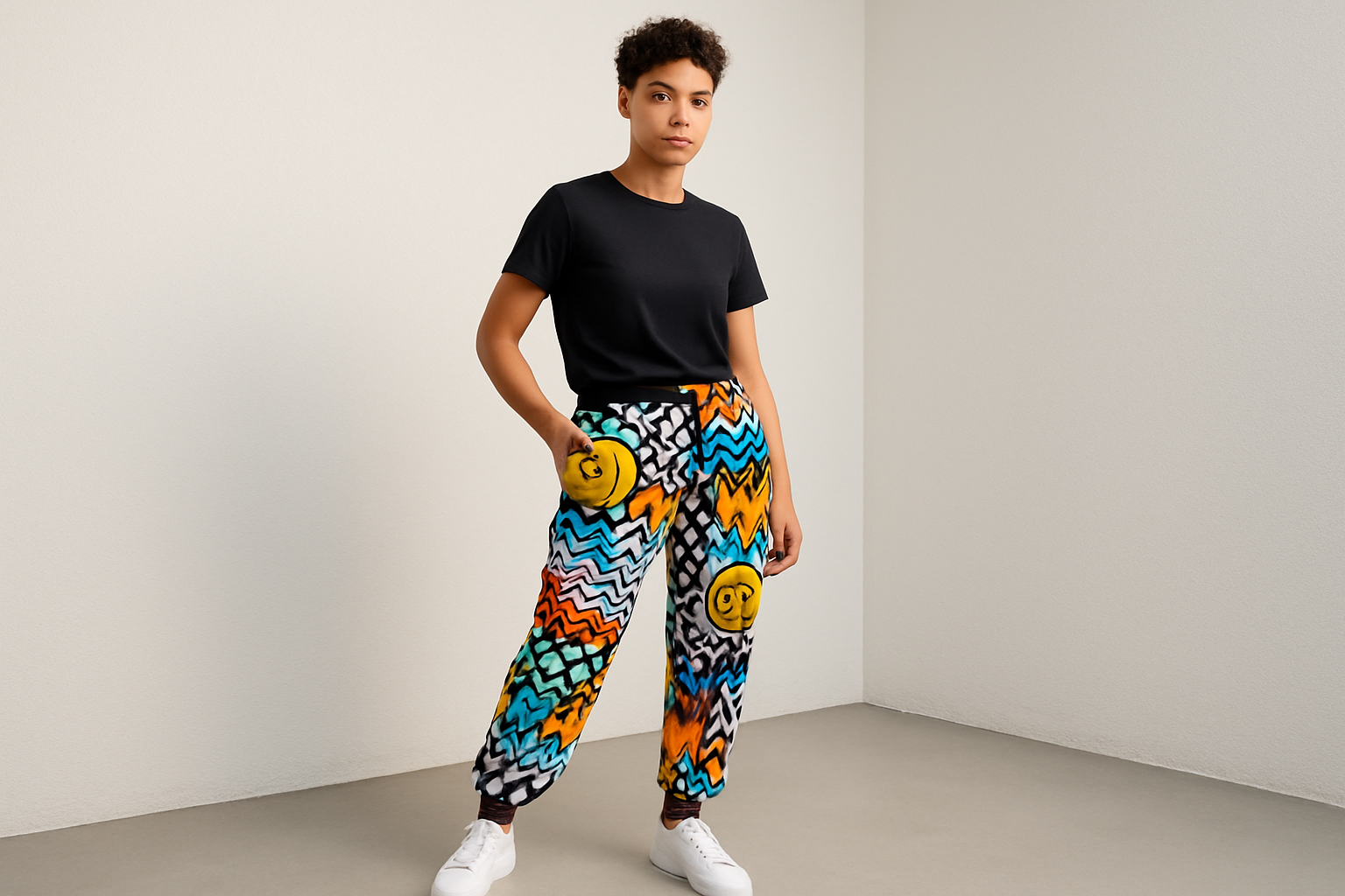 photo of a single guy/girl wearing a  graphic jogger